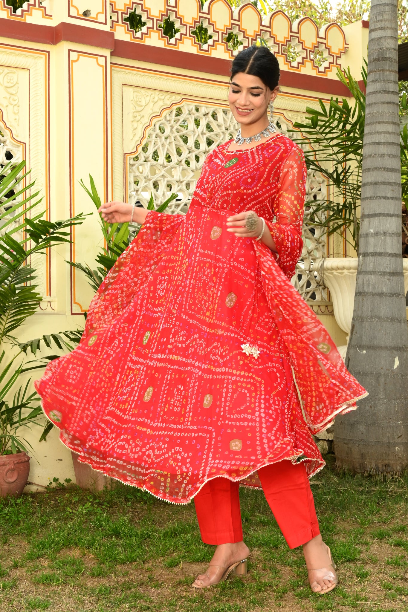 Red Bandhej Georgette Anarkali Suit (Set of 3)