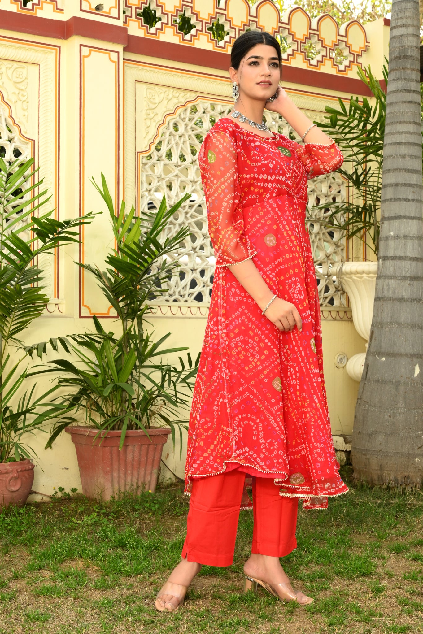 Red Bandhej Georgette Anarkali Suit (Set of 3)