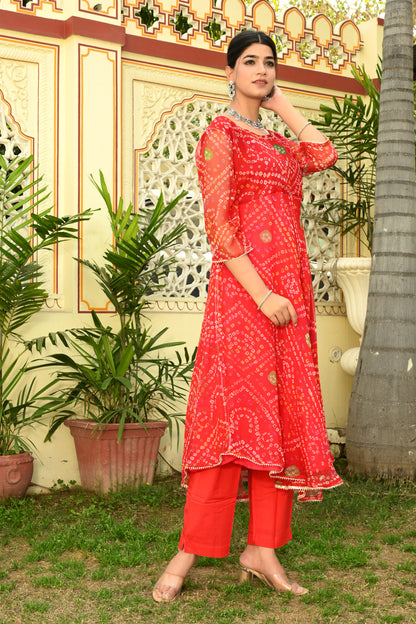 Red Bandhej Georgette Anarkali Suit (Set of 3)