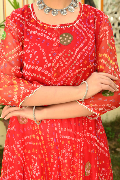 Red Bandhej Georgette Anarkali Suit (Set of 3)