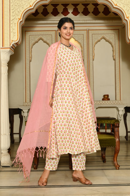Pink Buds Anarkali Cotton Suit (Set Of 3)