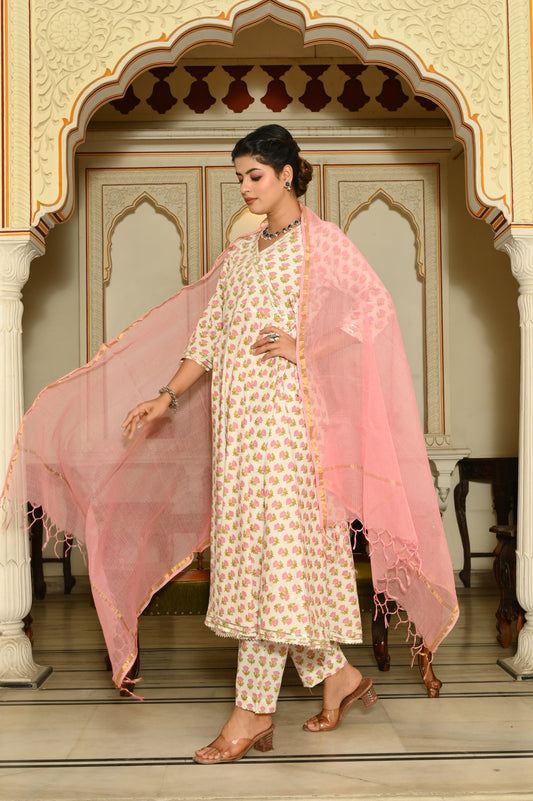Pink Buds Anarkali Cotton Suit (Set Of 3)