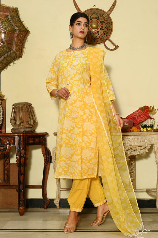 Sunshine Blooms Hand-Block Suit Set
